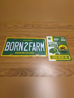 John Deere Metal Farm License Plate and Decal Set